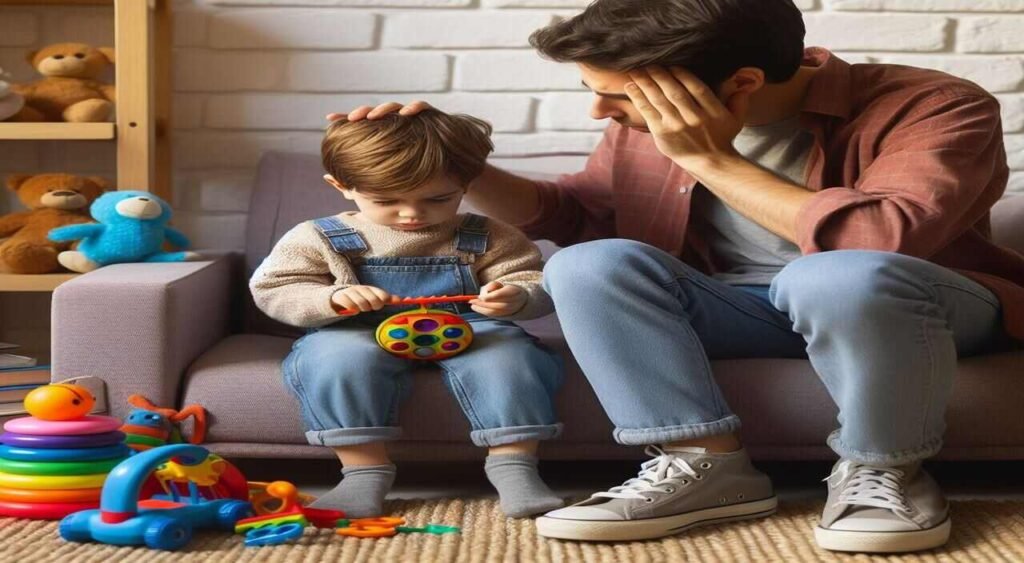 A child sitting on a cushioned chair with toys and books stacked beside him. His hands are busy playing with a fidget toy, while his parent is sitting next to him gently holding his head to prevent him from banging on the wall.