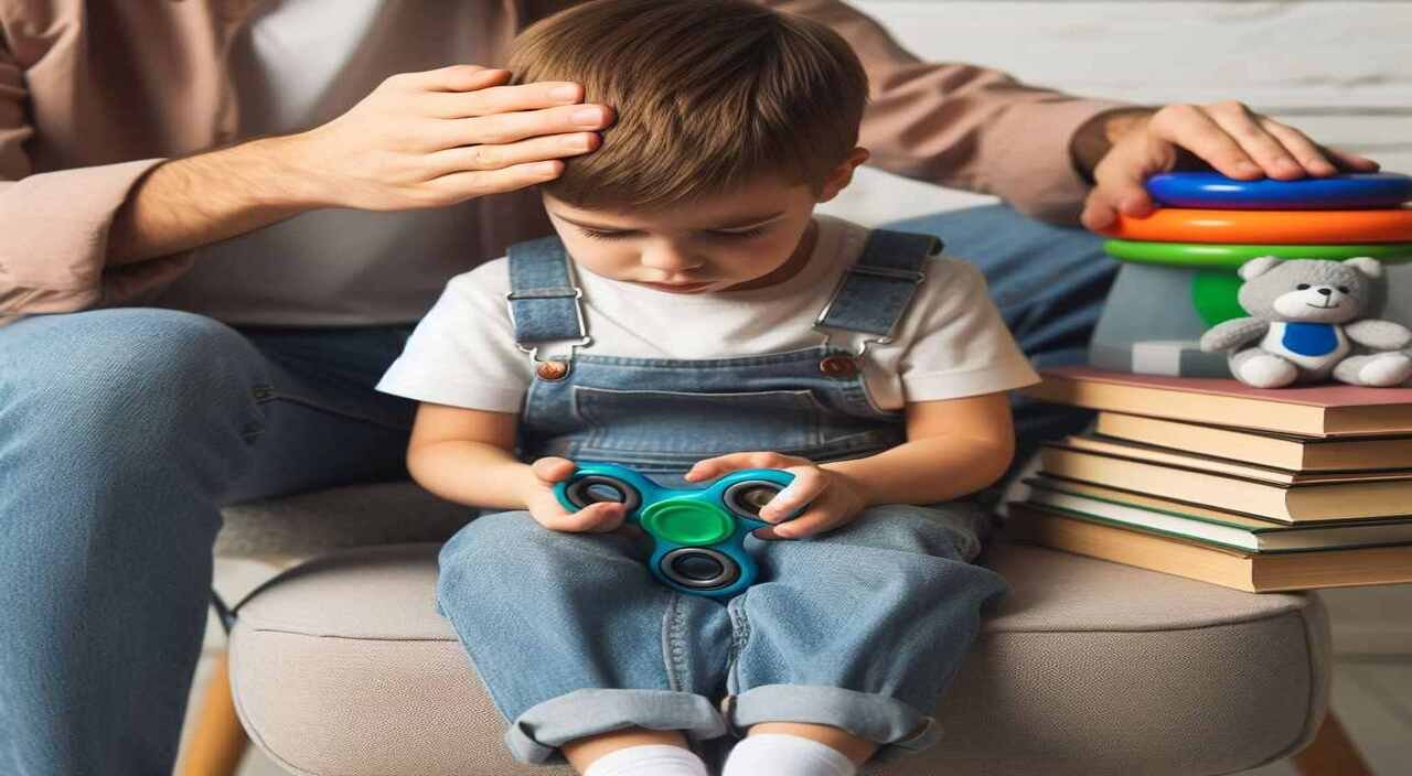 A child sitting on a cushioned chair with toys and books stacked beside him. His hands are busy playing with a fidget toy, while his parent is sitting next to him gently holding his head to prevent him from banging on the wall.